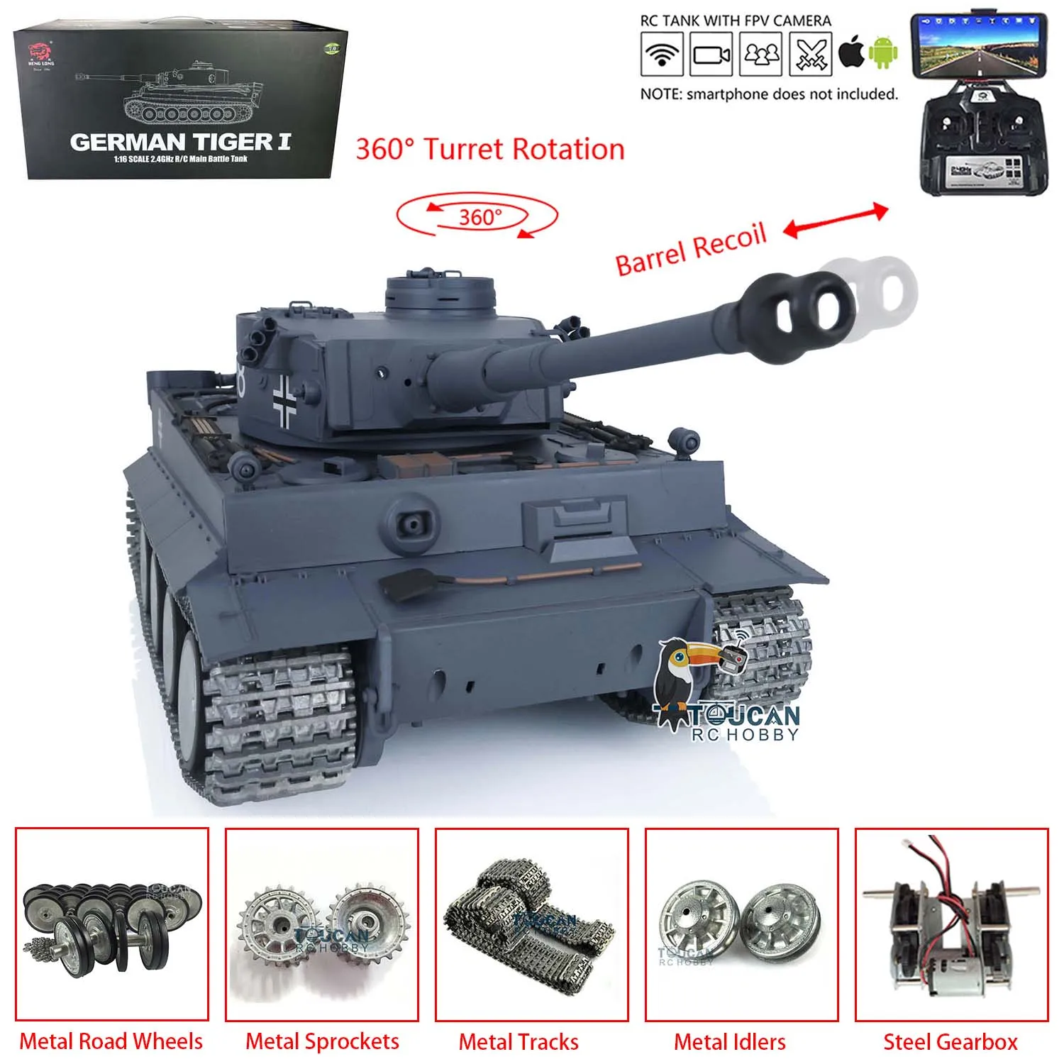 1/16 HENG LONG 7.0 Tiger I RC Tank 3818 FPV Camera Barrel Recoil Metal Wheels TH17245-SMT4 3