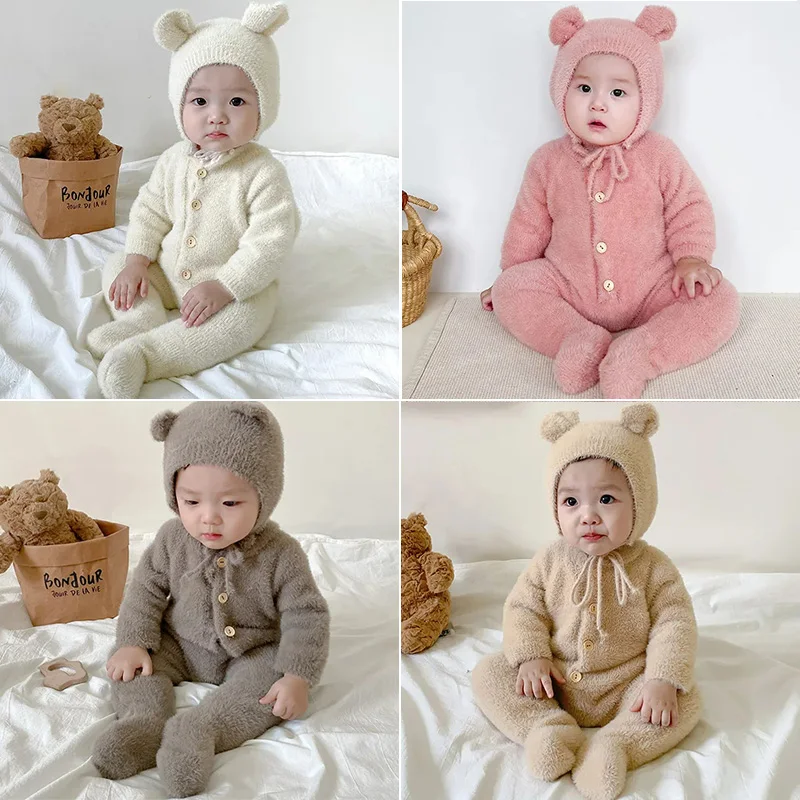 Pagliaccetto Neonato In Pelliccia Sintetica Per Ragazze Ragazzi Vestiti Tuta Invernale Cappello Set 2 Pezzi Tuta Bambino Morbido Caldo Bambino Vestito