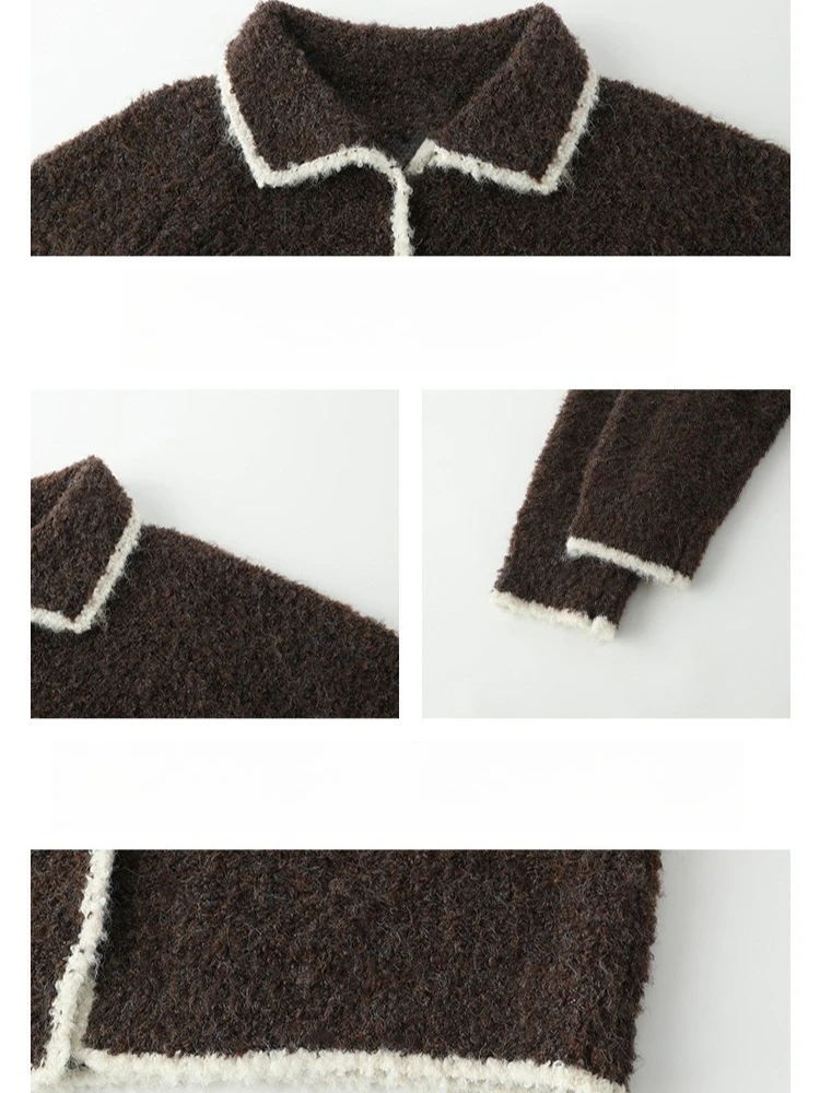 الكورية رمادي سترة مشغولة من الصوف المرأة الخريف الشتاء التلبيب كتلة اللون سترة Vintage كم طويل واحدة الصدر الملابس النسائية 6