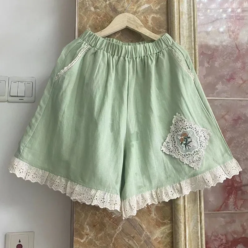 Women's Summer Casual Retro Embroidery Spliced Lace Pockets Cotton Linen Loose Wide Leg Pants Elastic High-waisted Thin Shorts
