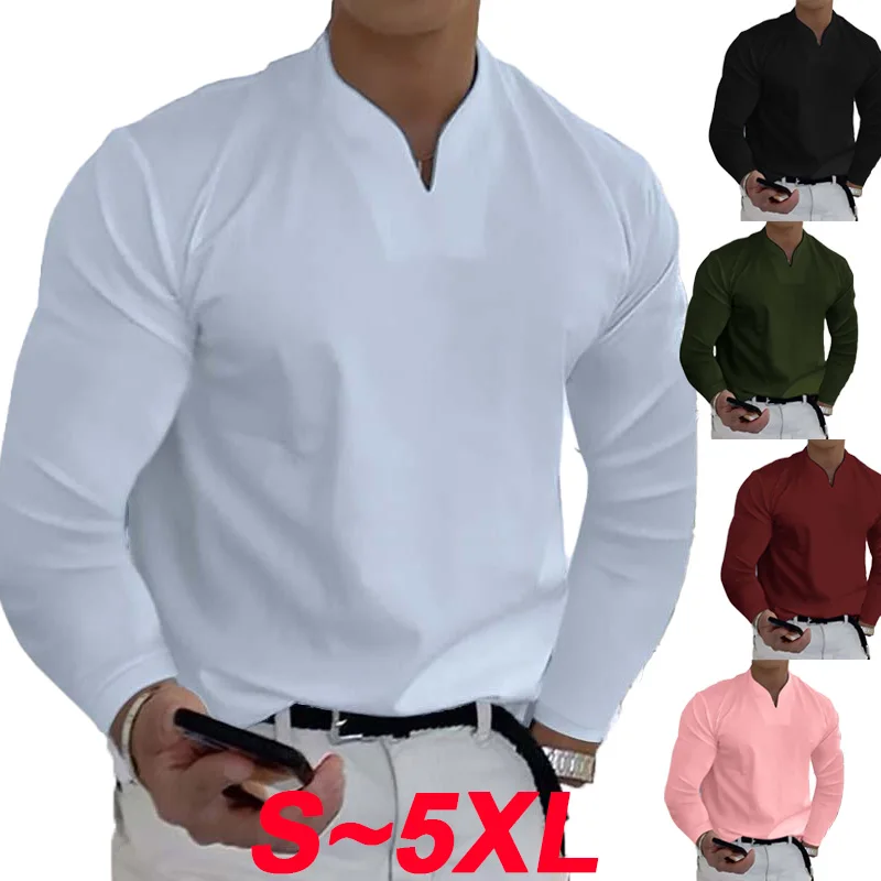 Men's shirt Long sleeved shirt Autumn casual fashion Men's soft and comfortable base shirt Slim fit V-neck breathable pullover breather breathable base