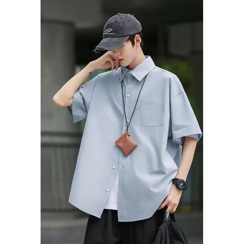 

Japanese Retro Solid Color Short Sleeved Shirt for Men's Summer Korean Thin Loose Casual Shirt Coat Y2k Men Clothing