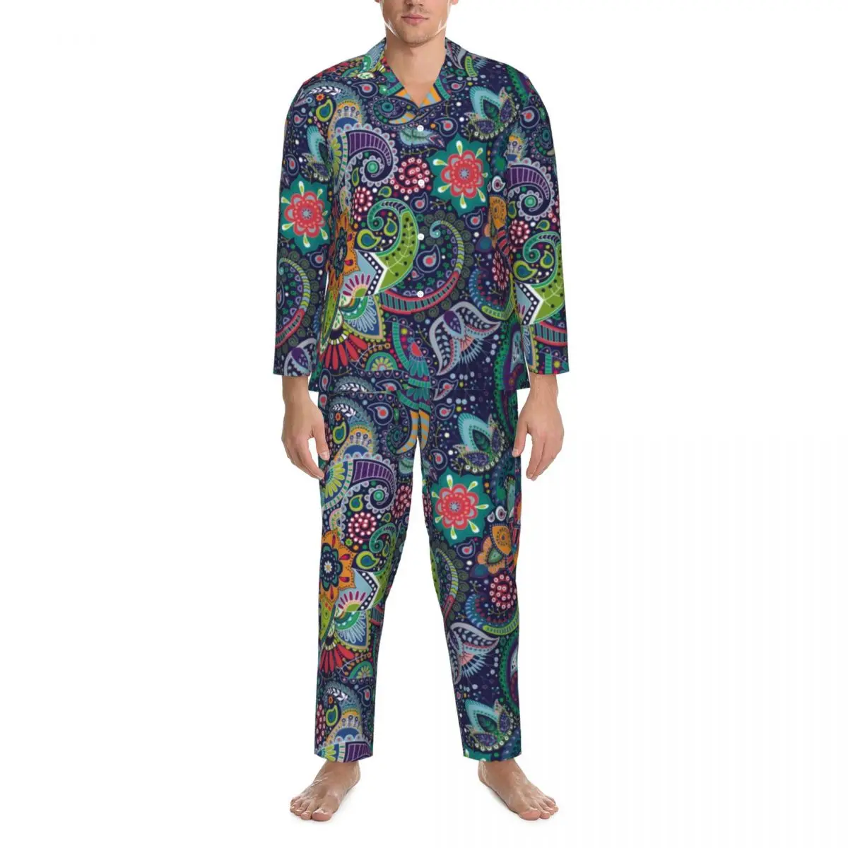 

Neon Paisley Print Sleepwear Autumn Multicolor Floral Casual Oversized Pajama Sets Man Long Sleeve Soft Home Pattern Home Suit