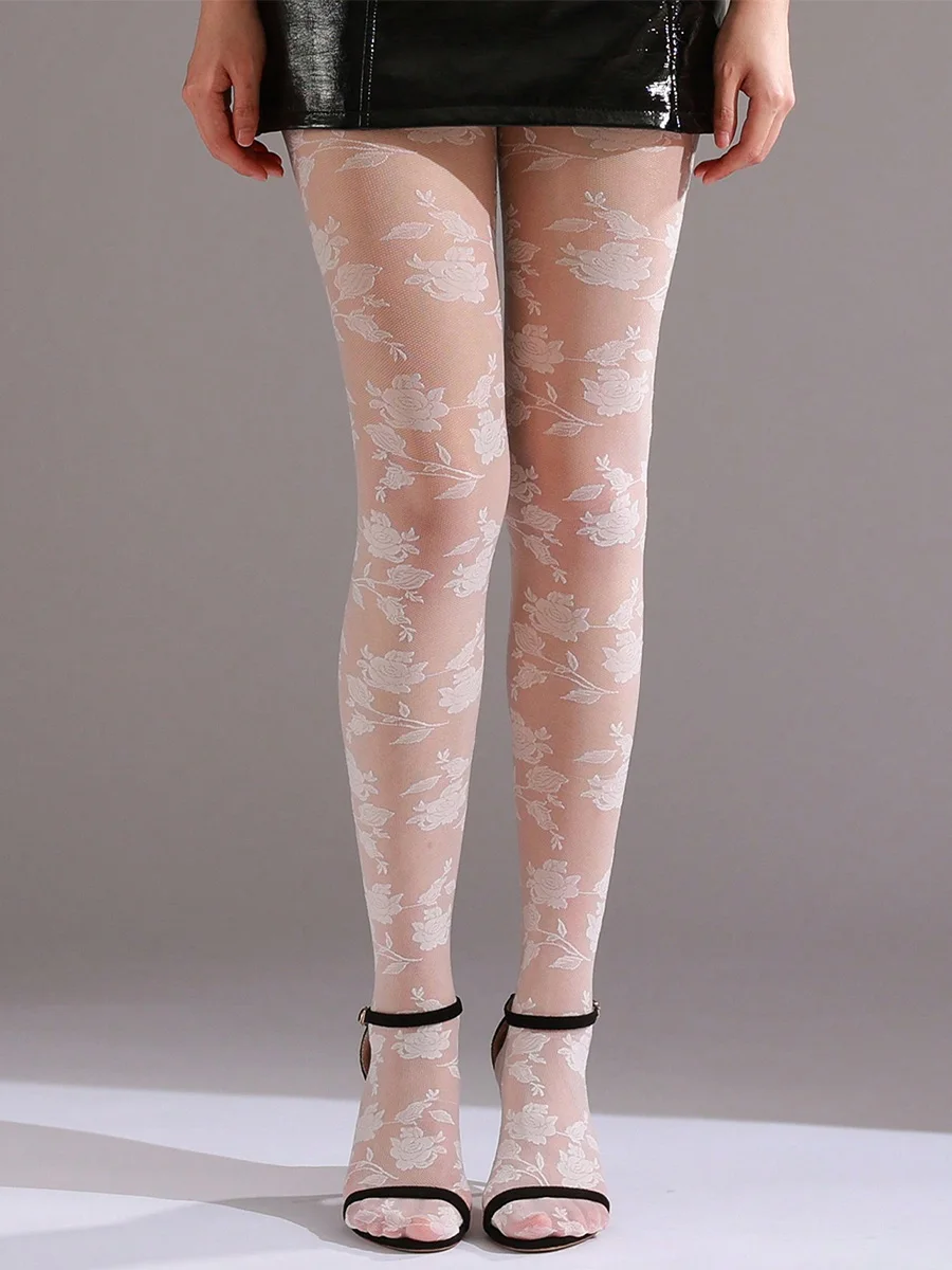 1 Pair Of Women's Rose Patterned Leggings Pantyhose Retro Elegant Jacquard Semi Transparent Pantyhose Lggings