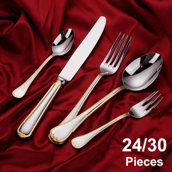 24/30 Pezzi Set di Posate in Oro Completo da Tavolo in Acciaio Inossidabile Specchio Set da Cena Sliveware Coltello Forchetta Cucchiaio Utensili da Cucina 1