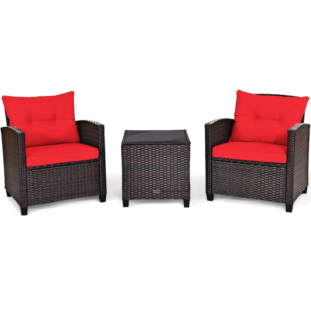 3PCS Patio Rattan Furniture Set Cushioned Conversation Set Sofa Coffee Table HW63759 