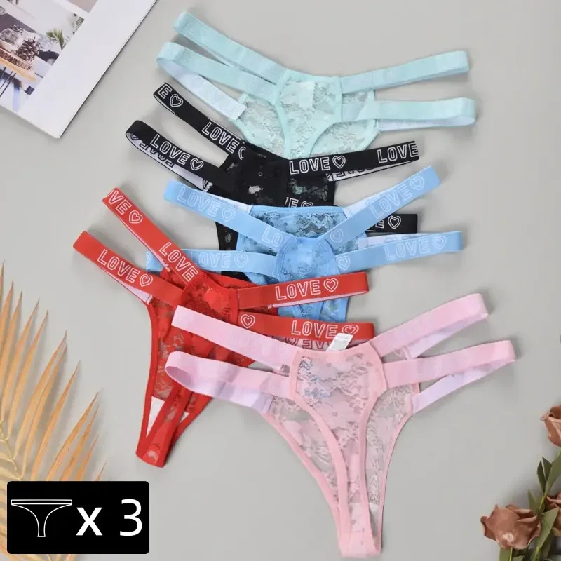 

3/5PCS Sexy Hollow Out Panties G-string Women Thongs Lace Briefs Thin Belt Letter Decor Underwear Sexy Thongs Women Tangas New