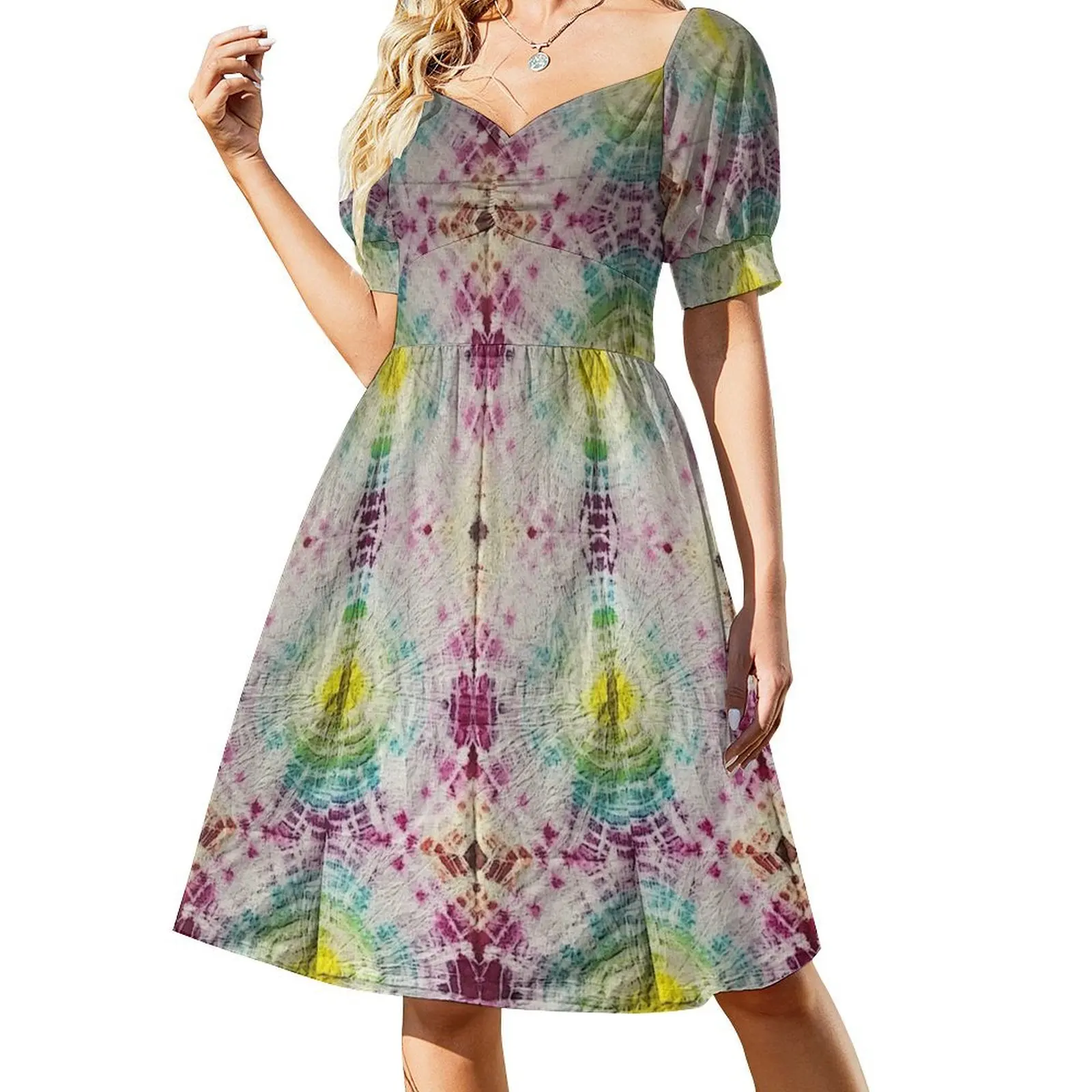 thumbnail image 1 of Vestido de manga corta con estampado tie dye, estilo coreano, para embarazadas, elegantes conjuntos de noche para mujer., 1 of 8