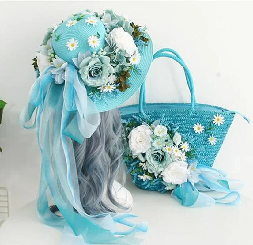 

Beach Straw Bag Women Woven HandBag Famous Brand Ladies Blue Flowers Tote Bag Summer Vacation Larger Beach Bag with Sun Hat