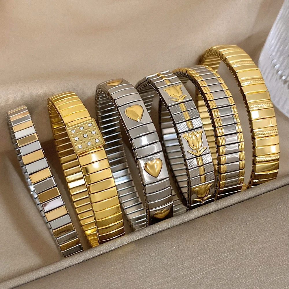 18k Gold Plated Waterproof Stainless Steel Heart & Flower Bangle Bracelet