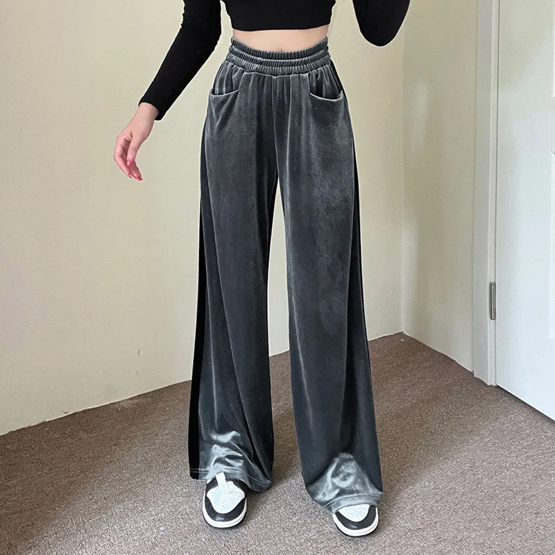 BKLD 2024 Autumn New Velvet Pants Elastic Waist Pockets Fashion Patchwork Straight Trousers Casual Pants Women Trending Clothing