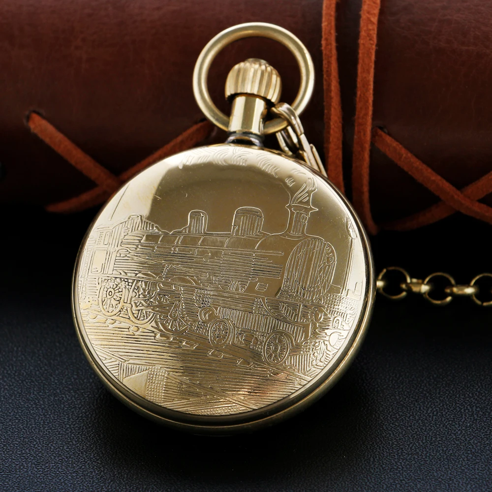 Classic Traditional Train Embossment Mechanical Pocket Watch Vintage Chain Steampunk Clock Men's and Women's Jewelry Necklace