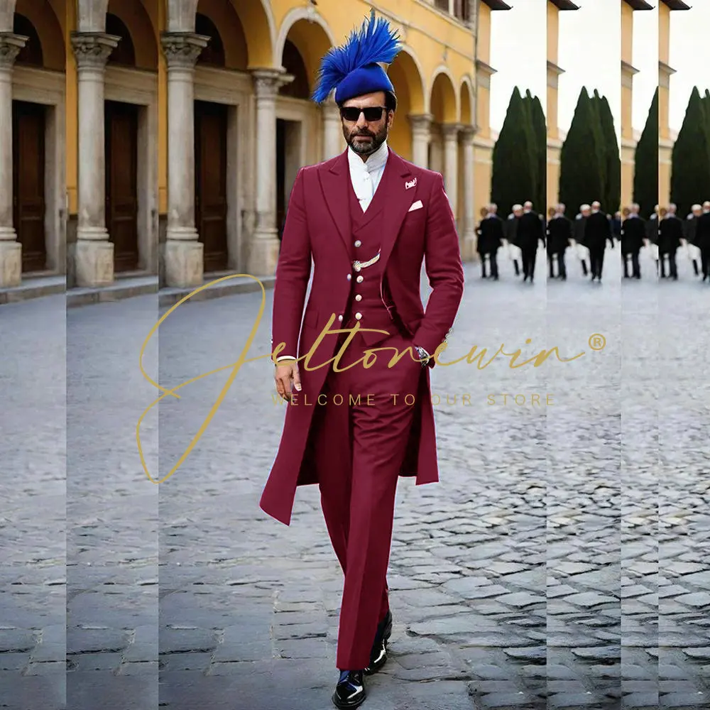 Costumes pour hommes bleu royal 3 pièces Veste longue Gilet Pantalon Revers en pointe Queue-de-pie Tenues Business Casual Tenue de bureau Mariage Smoking