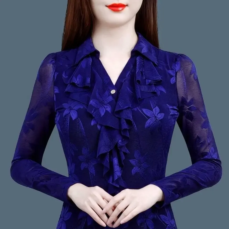 

New Autumn Mesh Bottoming Shirt Blouse All-match Fashion Long-sleeved Turn Down Collar Tshirt Top Women's Clothing J138