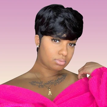 short curly machine made 6inch natural black color 150% density pixie cut wig for women daily paty use human hair wigs 2