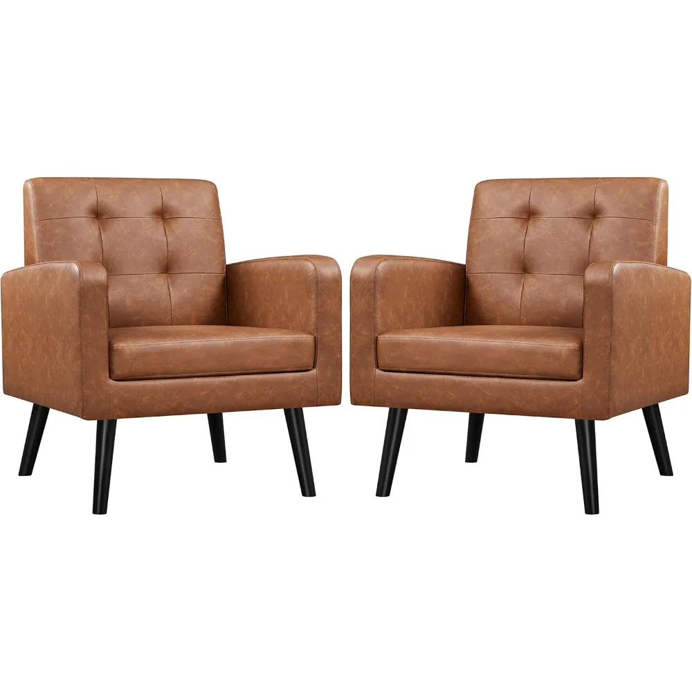 Mid-Century Accent Chairs, PU Leather Modern Upholstered Living Room Chair, Cozy Armchair Button Tufted Back and Wood Legs 2