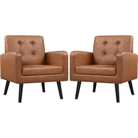 Mid-Century Accent Chairs, PU Leather Modern Upholstered Living Room Chair, Cozy Armchair Button Tufted Back and Wood Legs 2