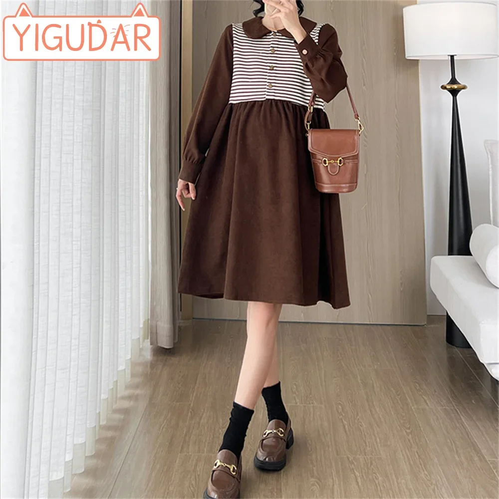 

Pregnant Women's Dress 2023 Autumn and Winter New Loose Korean Doll Neck Stripe Dress Spliced Mid length Pregnant Women's Dress