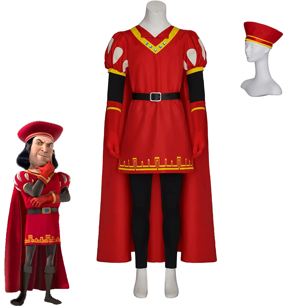 

Lord Farquaad Cosplay Costume Adult Men's Red Top Pants Full Suit with Cloak and Hat Halloween Carnival Partywear King Outfifts