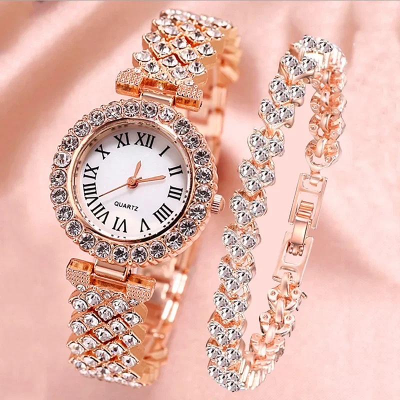 

Luxury Women Shiny Bracelet Watches 5pcs Set Rose Gold Watch Fashion Ladies Elegant Quartz Diamond Wristwatch Female Reloj Mujer