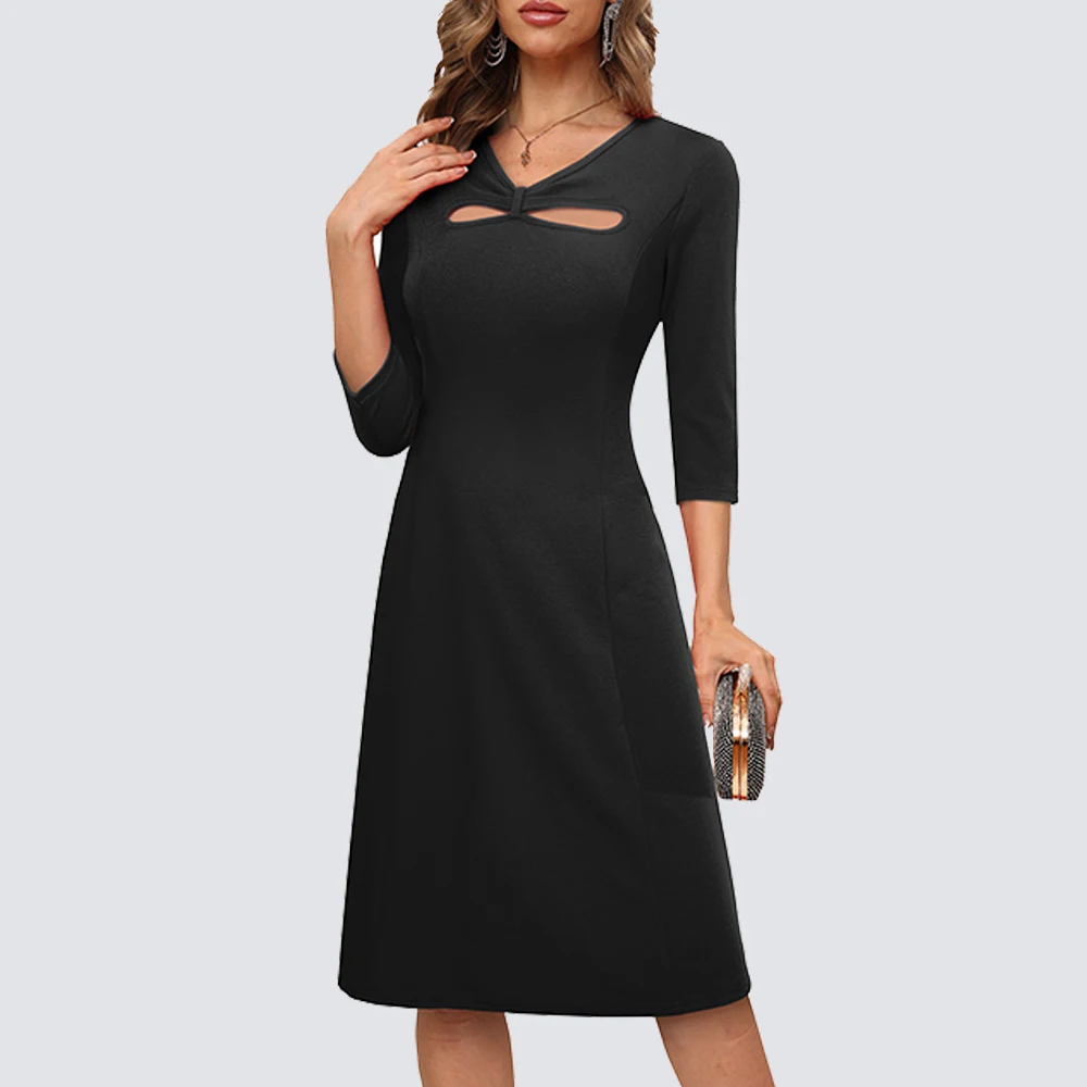 

Women Classy Elegant Solid Color 3/4 Sleeve Cut Out Knot Lady Slim A-Line Dress HA314