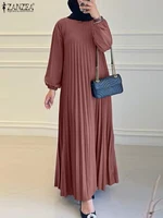 2025 ZANZEA automne robes élégantes femmes col rond à manches longues Robe d'été musulmane dubaï Abaya Robe Femme solide plissé Maxi robes 3
