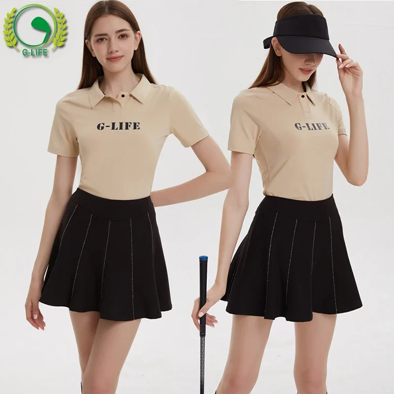 G-Life Golf Women's Short Sleeved T-shirt Korean Letter Printed Polo Tops Ladies A-lined Pleated Golf Skorts High Waist Skirts