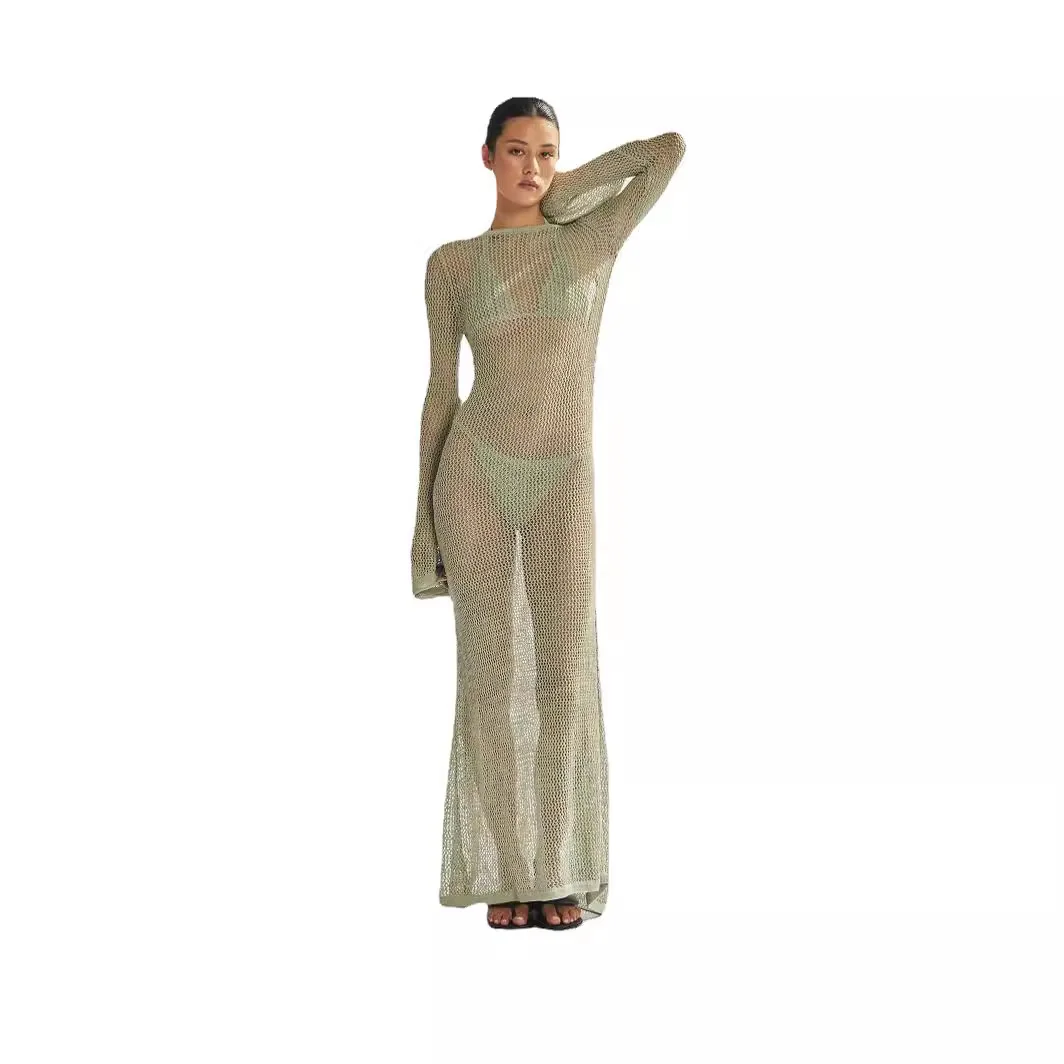 2024 Beach Cover Up Crochet Tunic Bikini Cover-ups Long Sleeve Sexy Hollow Out See Through Maxi Knit Dress Women Summer Outfits