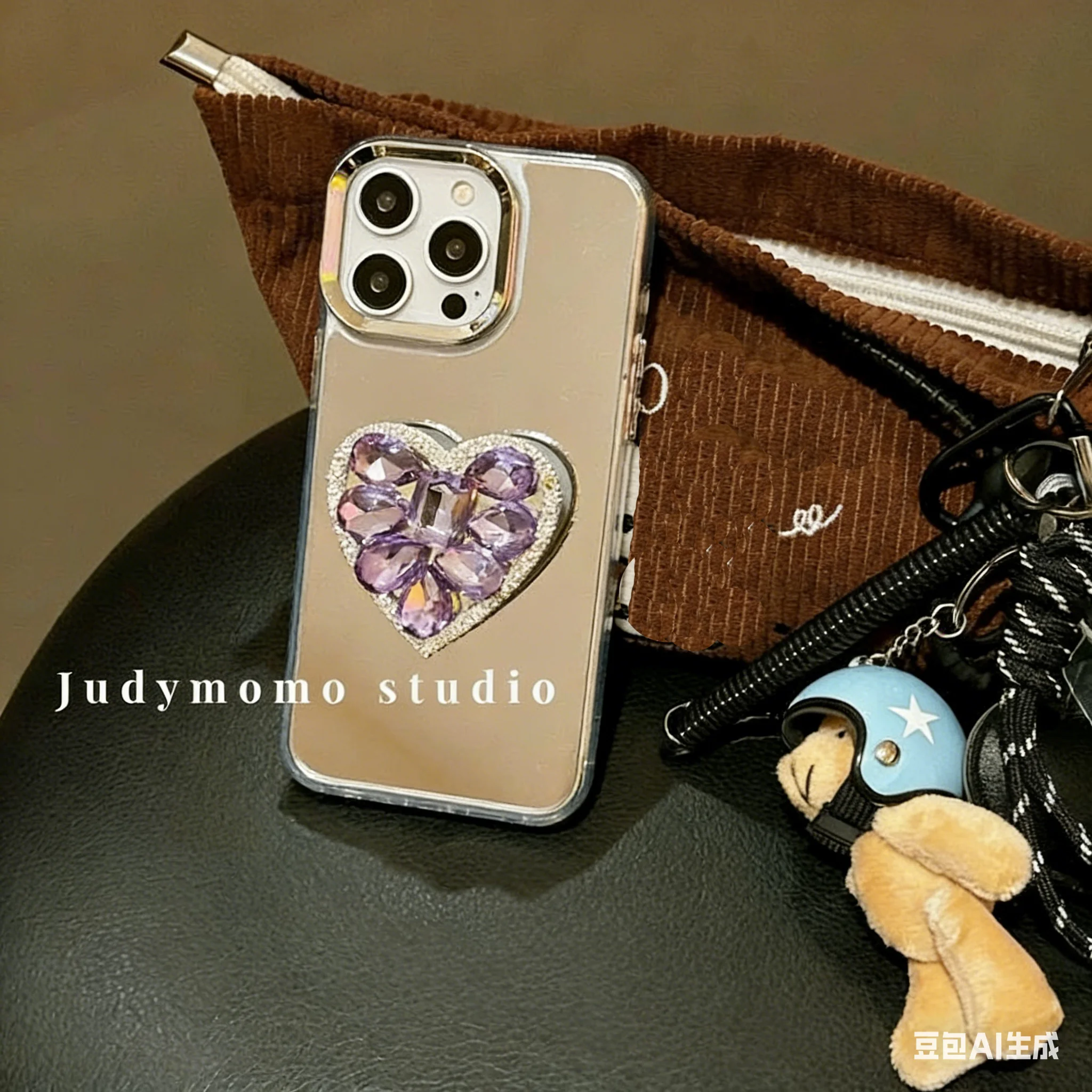 Luxury Diamond Heart Holder Metal Camera Makeup Mirror Case