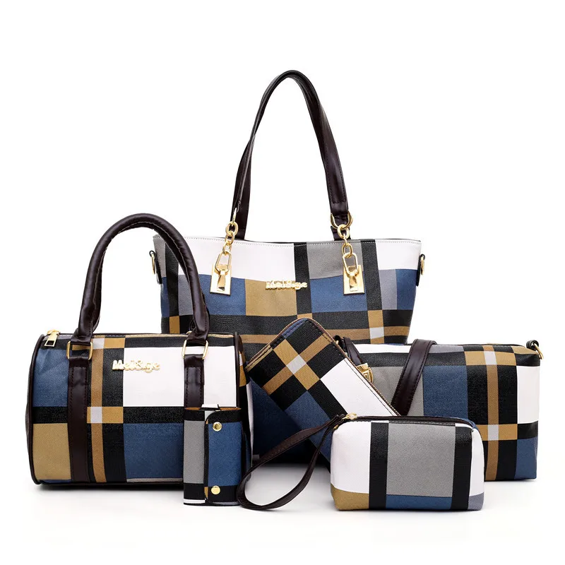 6PCS Women's Bag Set Fashion PU Leather Ladies Handbag Grid Print Messenger Shoulder Bag Wallet Bags women evening bag canvas messenger bag