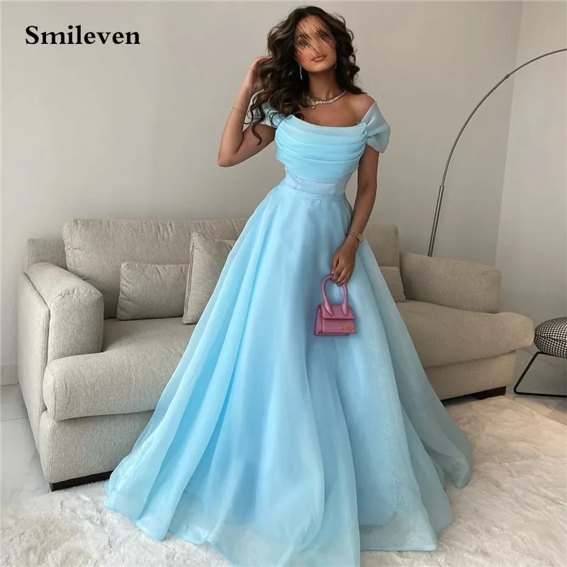 

Smileven Sky Blue Fairy Prom Dresses A Line Organza Saudi Arabia Evening Dress Pleats Off The Shoulder Evening Party Gowns