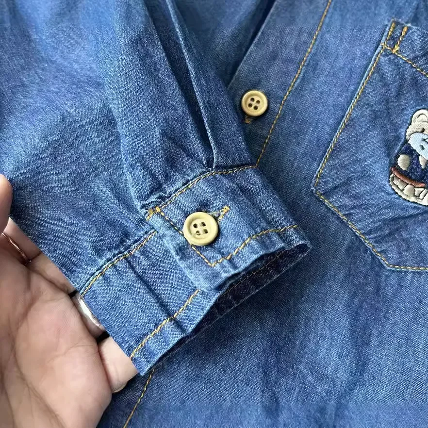 Autumn Boys Cute Embroidery Bear Soft Jeans Shirt Kids Children Casual Denim Blouse Outerwear 100-150cm