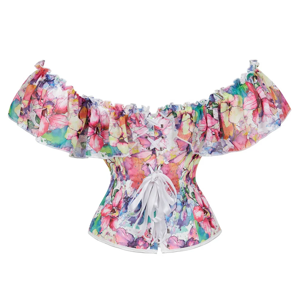 Women Fashion Floral Bustier And Corset Steampunk Ruffle Off Shoulder Overbust Corset Top Body Shapewear