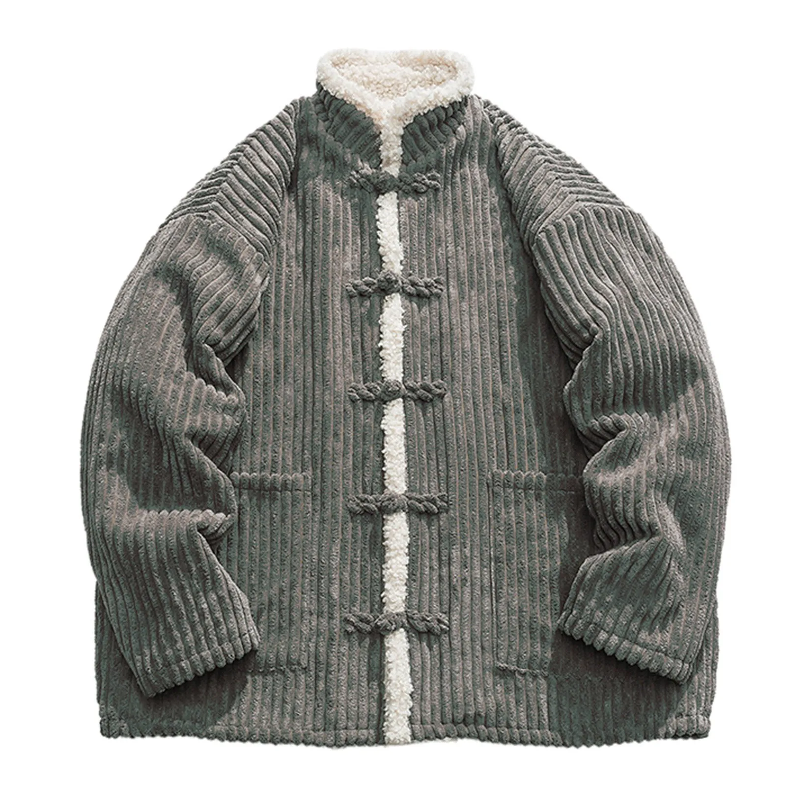 2024 Chinese Style Men Warm Spring Festival Long Sleeve Thickened Cotton Jacket Coat Winter Plush Stand Collar Corduroy Overcoat 4