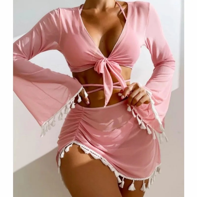 European and American Swimsuit Four-piece Solid Color Tassel Blouse Gauze Skirt Bikini Women swimwear