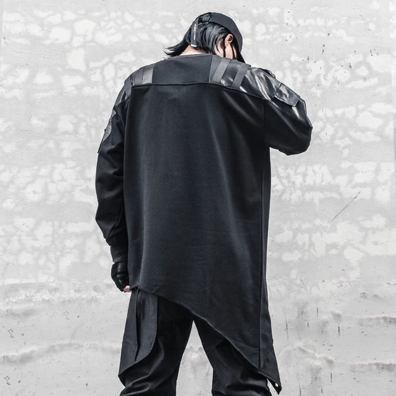 Men PU Patchwork Sweatshirt Hip Hop Streetwear Goth Punk Pullover 2022 Fashion Harajuku Functional Sweat Shirt Tops Men Clothing