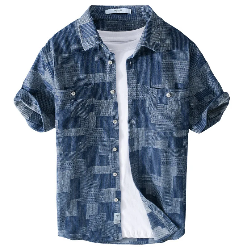 Summer Fashion Blue Check Denim Shirts for Men Short Sleeve Loose Handsome Cool Plaid Workwear 24ss Y2k Youth Male Tops Cityboys