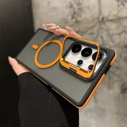 Magsafe Magnetic Metal Lens Protection Stand Case - Shockproof Cover Bumper for Samsung S23Plus (Orange)