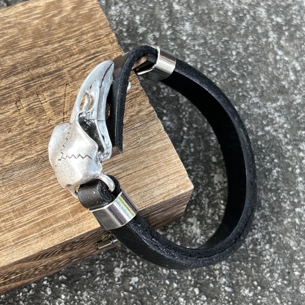 Norse Odin Raven Skull Punk Black Brown Genuine Leather Adjustable Cuff Bracelet Bangles Mens Womens Accessories Dropship 3