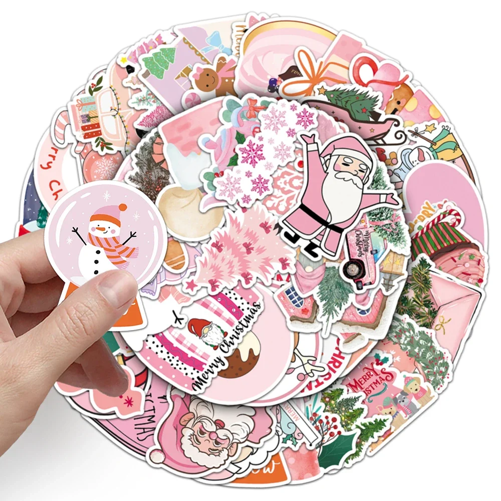 50PCS 핑크 크리스마스 귀여운 산타 클로스 스티커 귀여운 장난감 데칼 장식 DIY 전화 냉장고 가방 스케이트 보드 자전거 선물