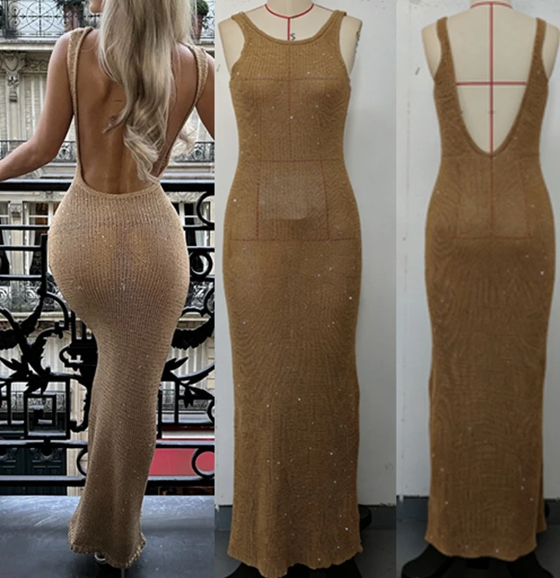 Women's Sexy Backless Sequined Knit Bikini Cover-Up Long Bandage Beach Dress Crochet Swimwear Sarong Female Coverups 6
