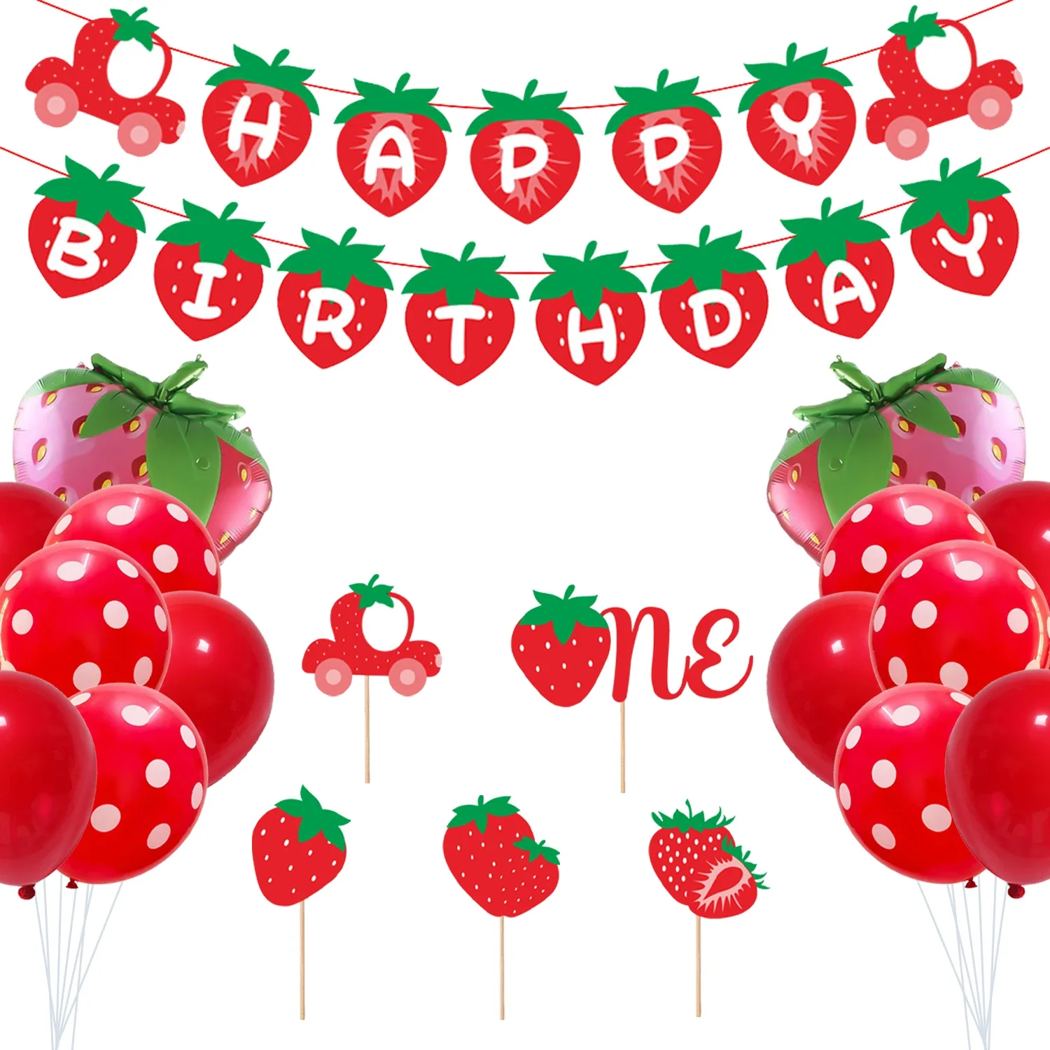 

CHEEREVEAL Sweet Strawberry 1st Birthday Party Decoration Red Balloon Banner Cake Topper Baby Girl 1 Year Old Birthday Supplies