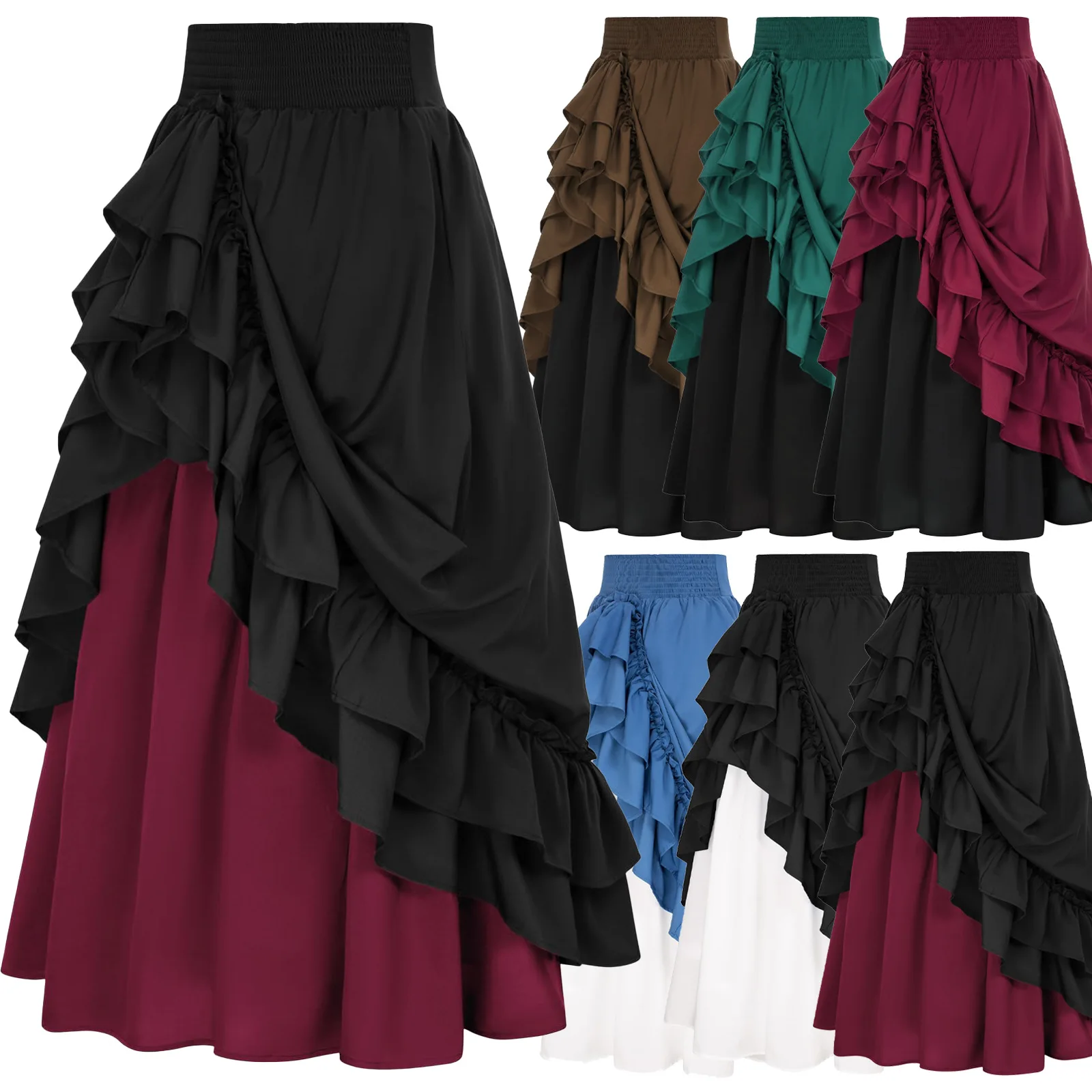 SEAUR Victoriaanse rok voor dames, renaissance, middeleeuwse maxirok met ruches, hoge taille, A-lijn, lange rok, steampunk, vintage, carnaval, feestelijk, cosplay kostuum, XL