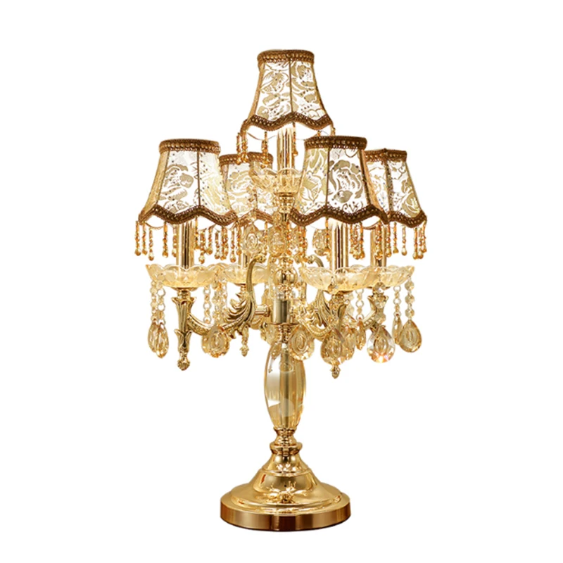 European Classic Gold Plated Hardware Table Lamp 5 Heads Cloth K9 Crystal Bedside Livingroom Study Decor LED Warm Desk Lighting