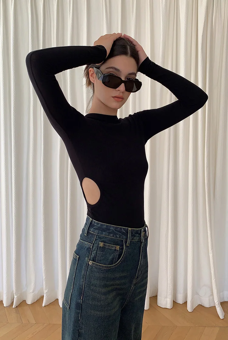 Women Solid Viscose Long Sleeve Crew Neck Cut Out Waist Detail Cropped Top