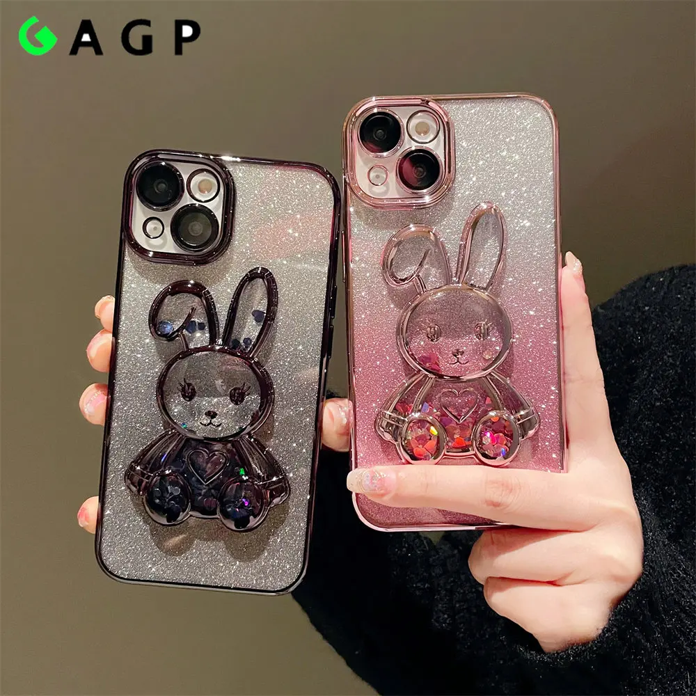 

Cute Rabbit Shiny Quicksand Case for iPhone 14 11 13 12 14 Pro Max 14proMax 14 Plus 13PRO Glitter Love Camera Protector Cover