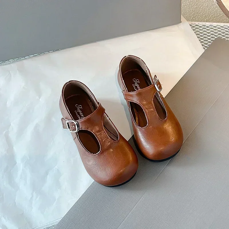 Girls Princess Shoes Black Round Toes New Fashion Kids Performance Shoes Pu Leather Non-slip Children Flat 23-33