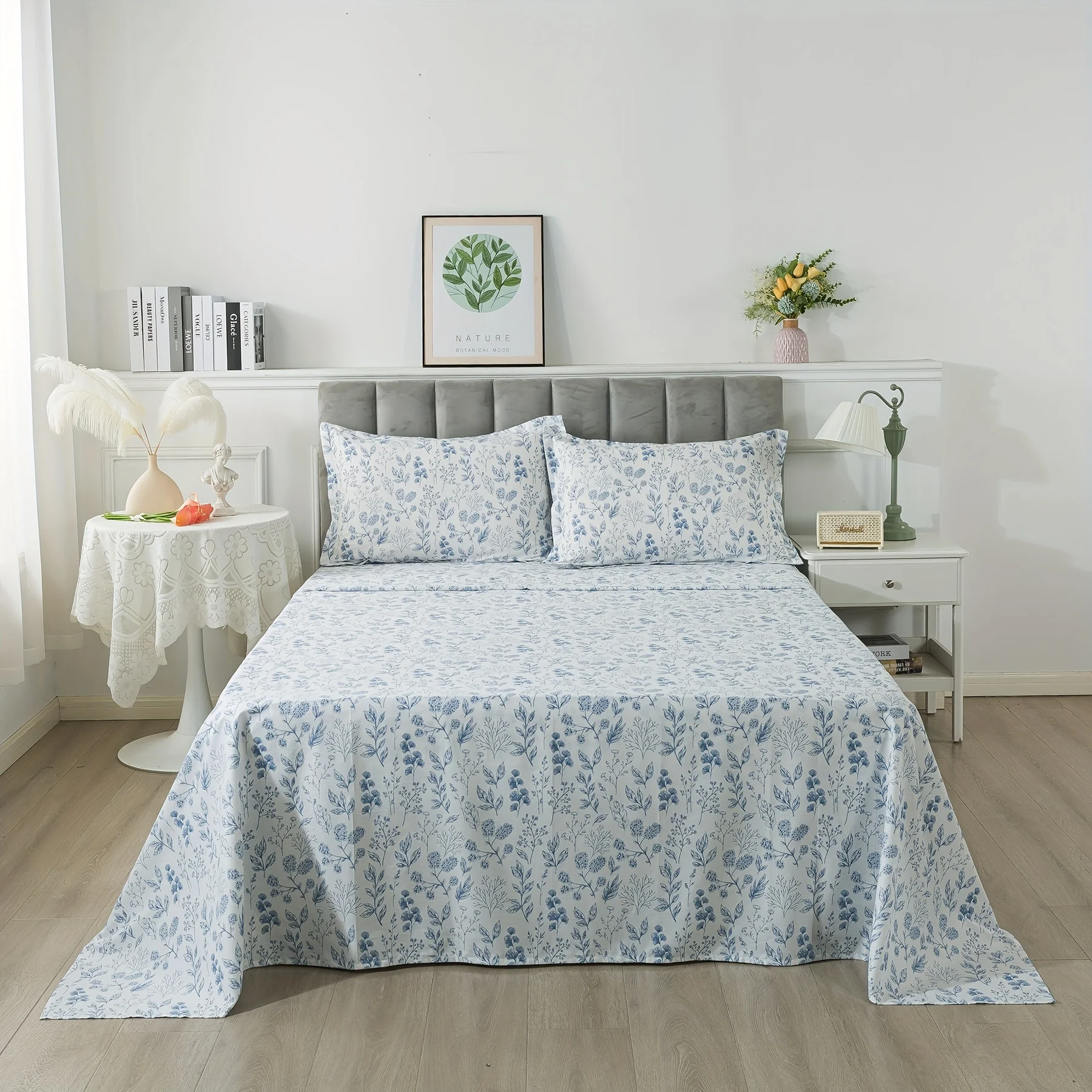 

4pcs 100% Cotton Blue Leaf Print Farmhouse Fitted Sheet Set (1*Flat Sheet + 1* Fitted Sheet + 2*Pillowcases, Without Core), Vint
