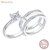 Newshe Solid 925 Sterling Silver Wedding Rings for Women Solitaire Princess Cut Engagement Ring Eternity AAAAA Zircon Guard Band 1