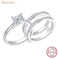 Newshe Solid 925 Sterling Silver Wedding Rings for Women Solitaire Princess Cut Engagement Ring Eternity AAAAA Zircon Guard Band 1